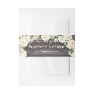 Rustic wood greenery white roses floral wedding invitation belly band
