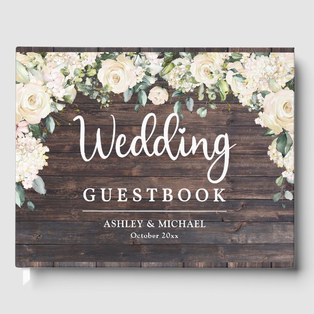 Rustic wood greenery white roses guest book (Front)