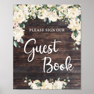 Rustic wood greenery white roses guest book sign