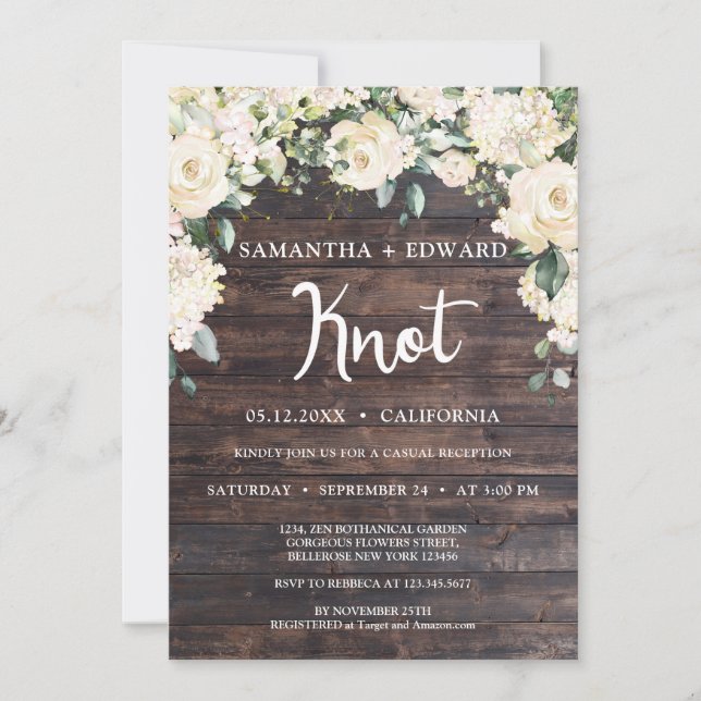 Rustic wood greenery white roses tied the knot invitation (Front)