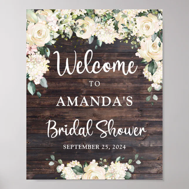 Rustic wood greenery white roses welcome sign | Zazzle