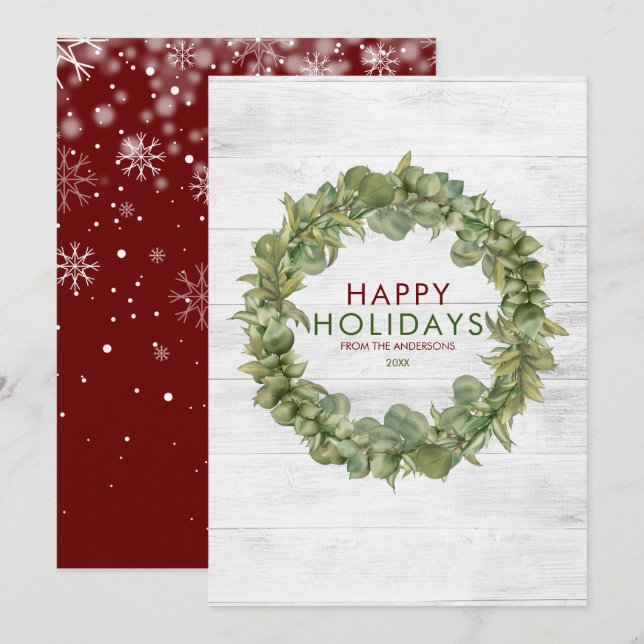 Rustic Wood Greenery Wreath Burgundy Christmas Holiday Card (Front/Back)