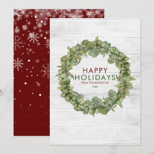 Rustic Wood Greenery Wreath Burgundy Christmas Holiday Card