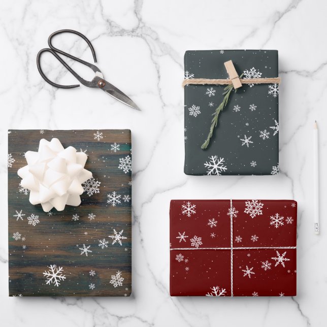 Rustic Wood Grey Red Snowflakes Christmas Holidays Wrapping Paper Sheet (Front)