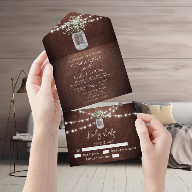 Rustic Wood Gypsophila Baby's breath Mason Jar  All In One Invitation (Creator Uploaded)