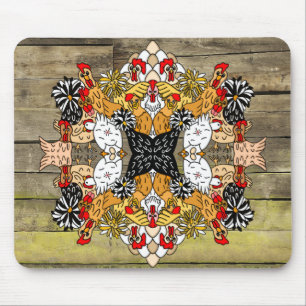 Rustic Wood Hand Drawn Funny Cartoon Chicken Art Mouse Mat