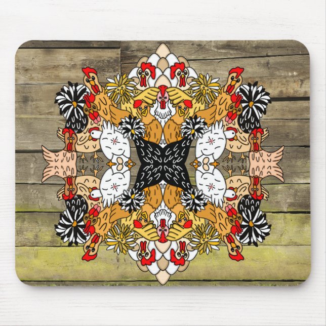 Rustic Wood Hand Drawn Funny Cartoon Chicken Art  Mouse Mat (Front)