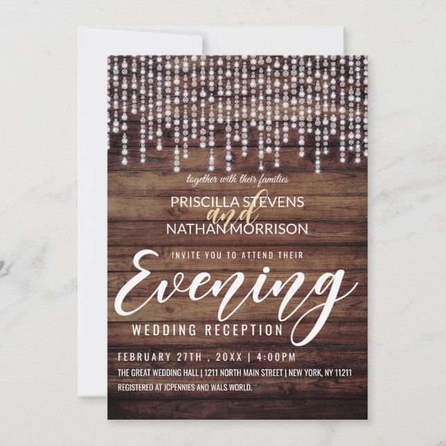 Rustic Wood Hanging Diamond Lights Evening Invitation (Front)