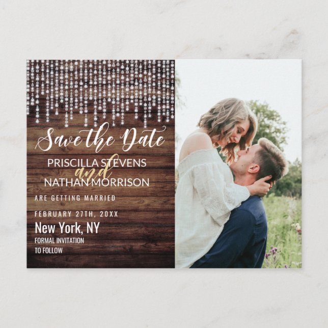 Rustic Wood Hanging Diamond Lights Save the Date Announcement Postcard (Front)