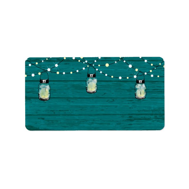 Rustic Wood Hanging Mason Jars and Lights Wedding Label (Front)