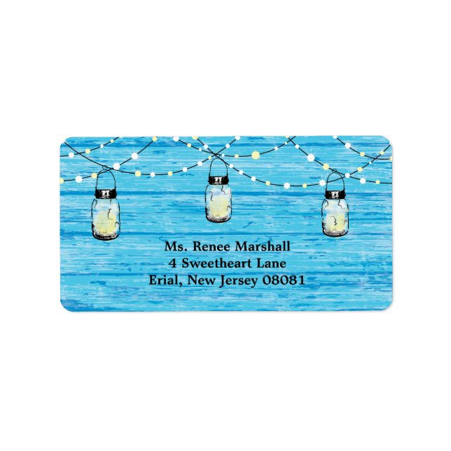 Rustic Wood Hanging Mason Jars and Lights Wedding Label (Front)