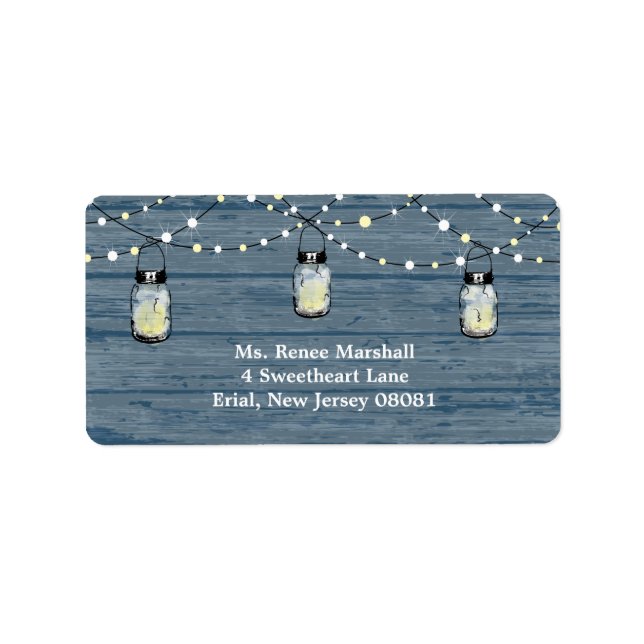 Rustic Wood Hanging Mason Jars and Lights Wedding Label (Front)