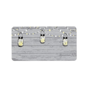 Rustic Wood Hanging Mason Jars and Lights Wedding Label