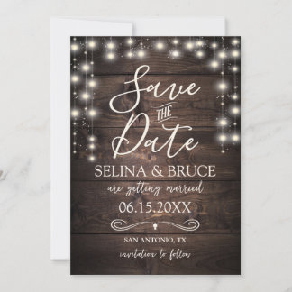 Rustic Wood Hanging String Lights Save the Date Invitation