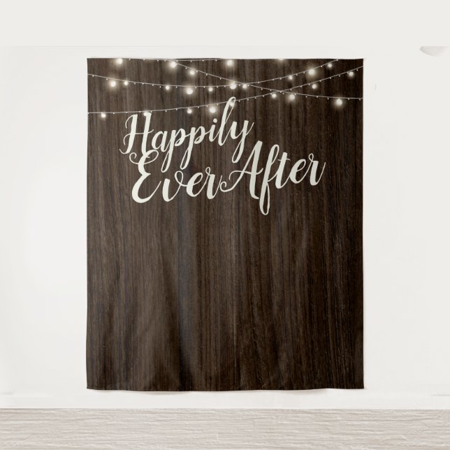 Rustic Wood Happily Ever After Wedding Backdrop Tapestry (Front)