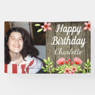 Rustic Wood Happy Birthday Photo Pink Flowers Banner
