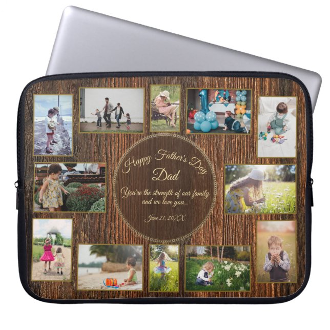 Rustic Wood Happy Fathers Day Family Photo Templat Laptop Sleeve (Front)