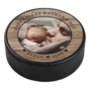  Rustic Wood Happy First Father's Day Photo  Hockey Puck