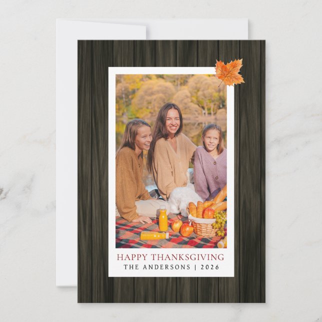 Rustic Wood Happy Thanksgiving Autumn Photo Holiday Card (Front)