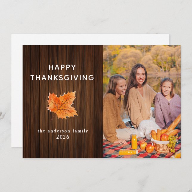 Rustic Wood Happy Thanksgiving Autumn Photo Holiday Card (Front/Back)