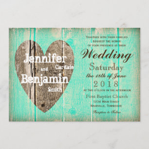 Rustic Wood Heart Aqua Country Wedding Invitations