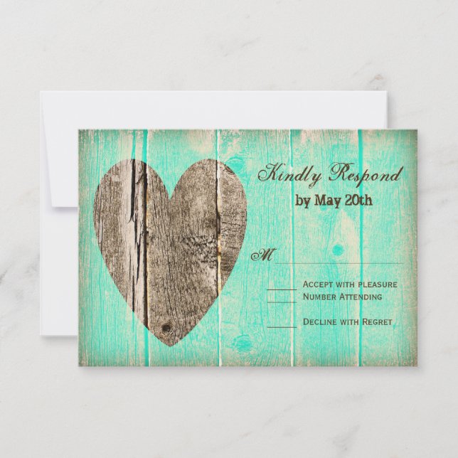 Rustic Wood Heart Aqua Country Wedding RSVP Cards (Front)