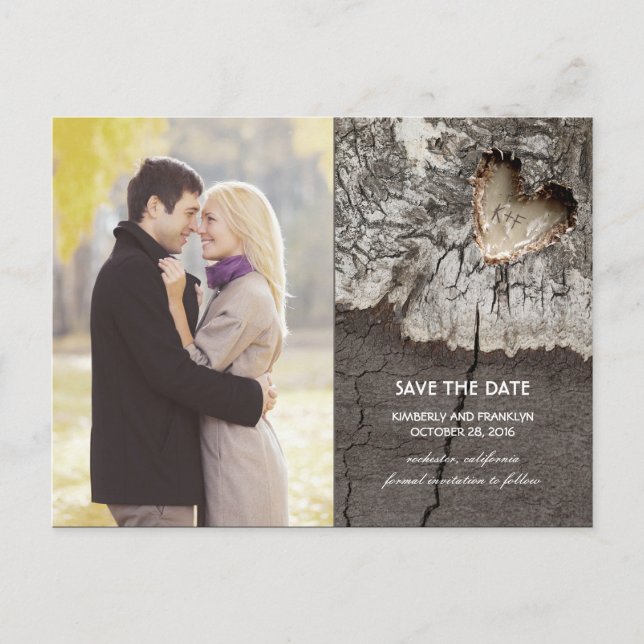 Rustic Wood Heart Birch Bark Photo Save the Date Announcement Postcard (Front)