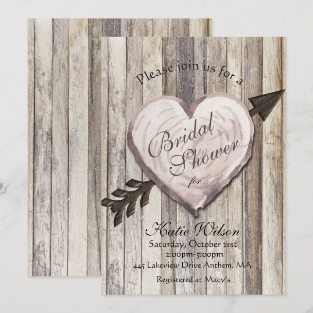 Rustic Wood Heart Bridal Shower Invitation (Front/Back)