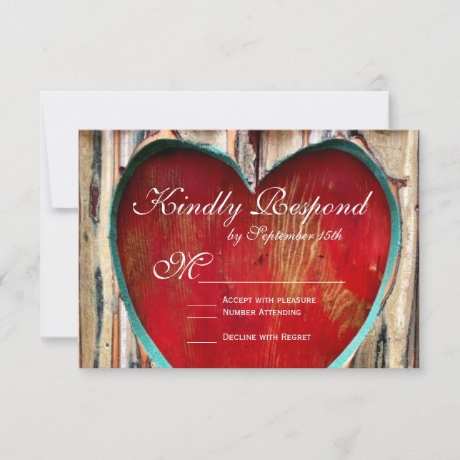 Rustic Wood Heart Country Wedding RSVP Cards (Front)