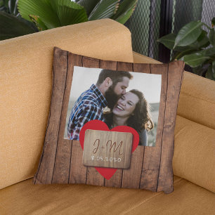 Rustic wood heart couple photo monogram initials  cushion