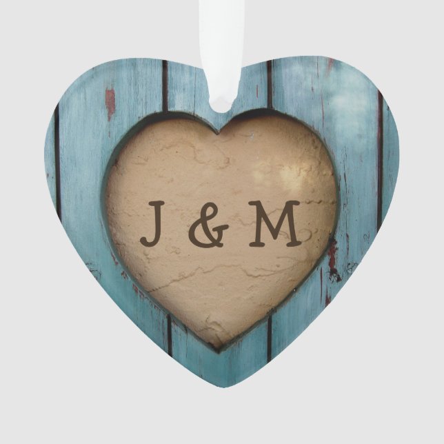 Rustic Wood Heart Custom Year Initial Favour Ornament (Front)