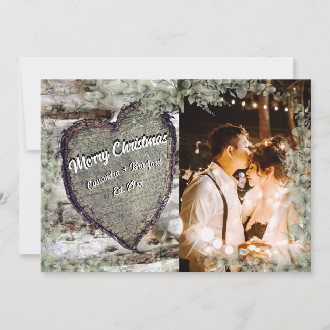 Rustic Wood Heart Eucalyptus Greenery Holiday Card (Front)