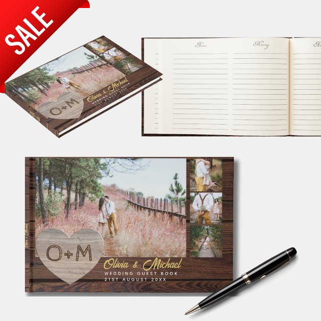 Rustic Wood Heart PHOTO Collage Newlyweds Wedding Guest Book (Creator Uploaded)