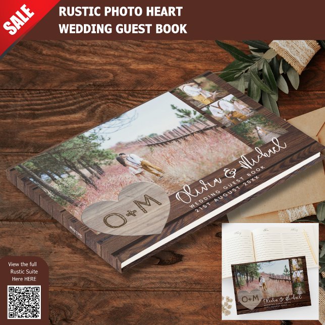 Rustic Wood Heart PHOTO Collage Newlyweds Wedding Guest Book (Creator Uploaded)