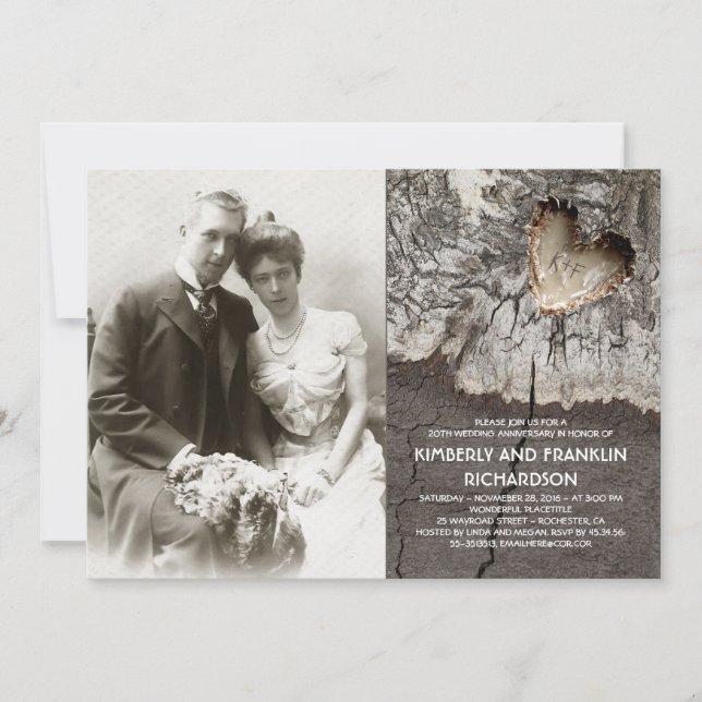 Rustic Wood Heart Photo Wedding Anniversary Invitation (Front)