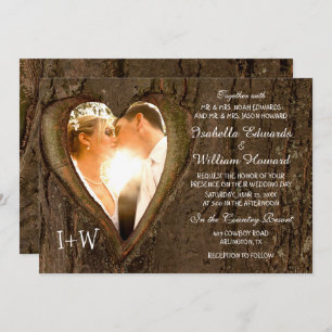 Rustic Wood Heart Photo Wedding Invitation