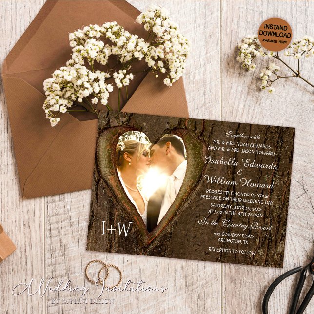 Rustic Wood Heart Photo Wedding Invitation (Creator Uploaded)