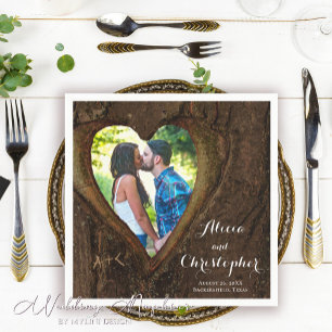 Rustic Wood Heart Photo Wedding Napkin