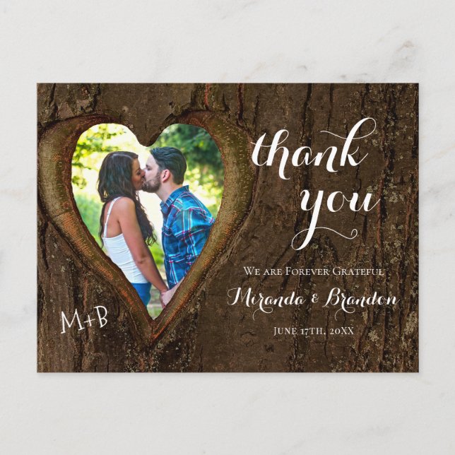 Rustic Wood Heart Photo Wedding Thank You Postcard (Front)