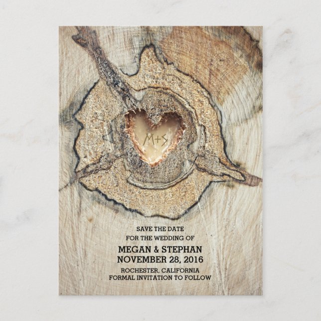 Rustic Wood Heart Save the Date Announcement Postcard (Front)