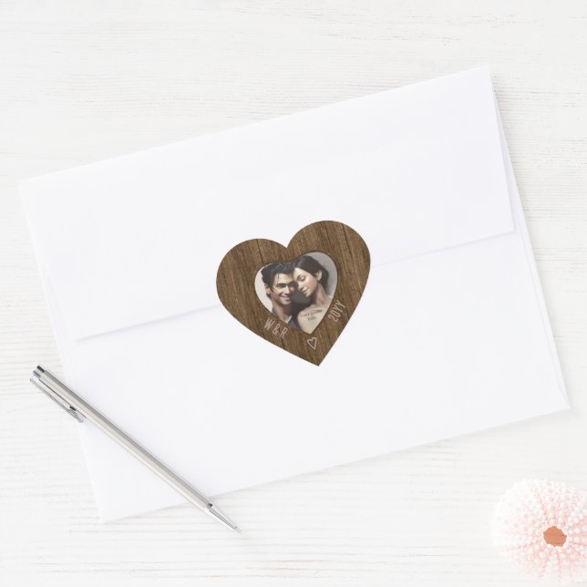 Rustic Wood Heart-Shaped Photo & Carved Initials Heart Sticker (Envelope)