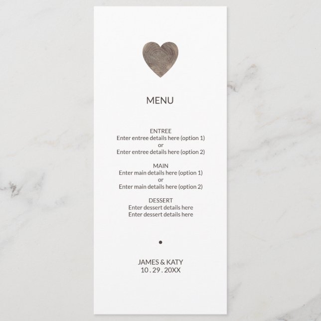 Rustic wood heart wedding ceremony program menu (Front)