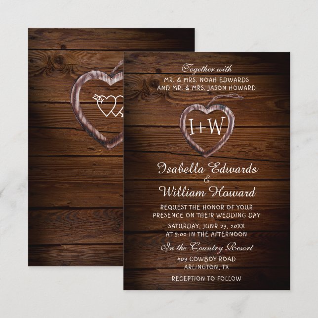 Rustic Wood Heart Wedding Invitation (Front/Back)