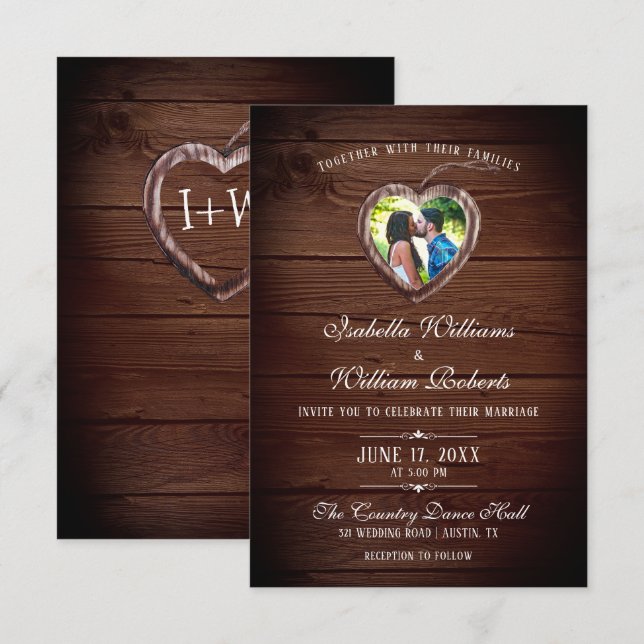 Rustic Wood Heart Wedding Photo Invitation (Front/Back)