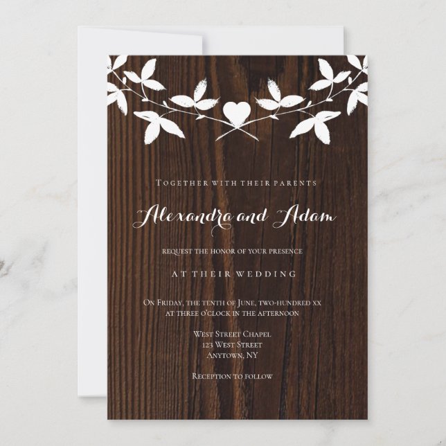 Rustic wood heart wreath wedding invitations (Front)