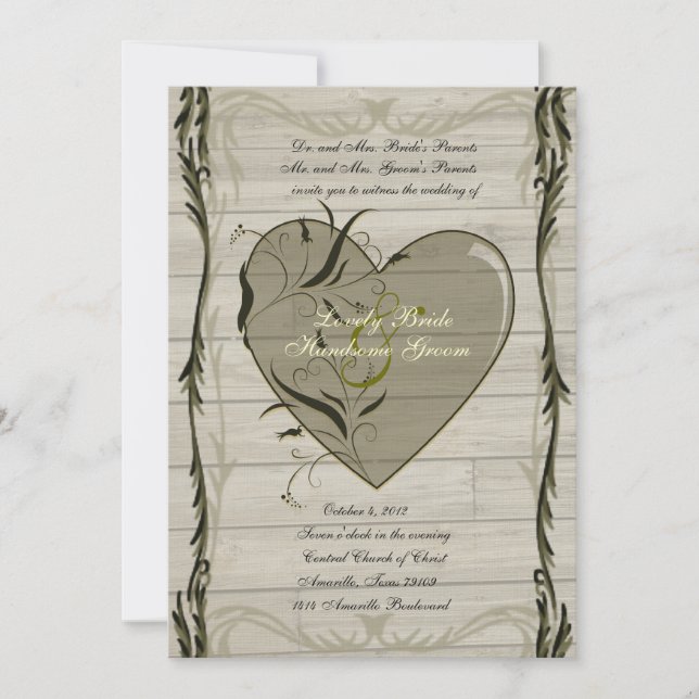 Rustic Wood Hearts and Vines Wedding Invitation (Front)