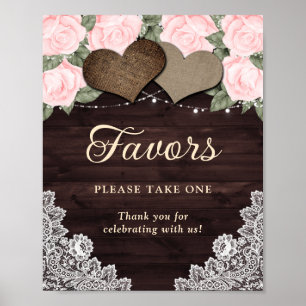 Rustic Wood Hearts Blush Pink Floral Wedding Favor Poster