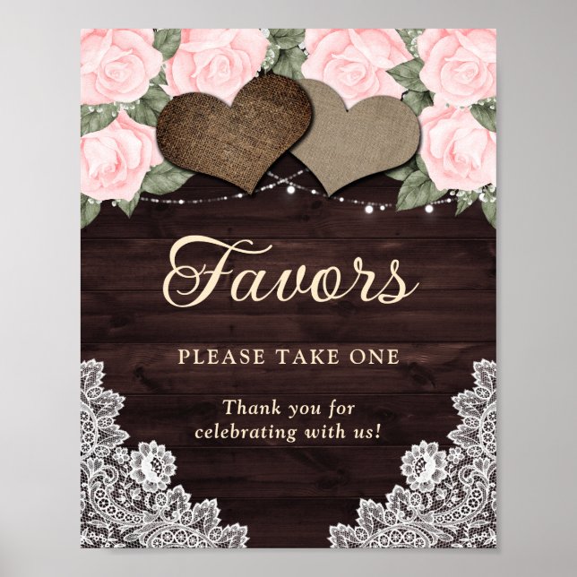 Rustic Wood Hearts Blush Pink Floral Wedding Favor Poster (Front)