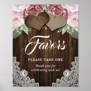 Rustic Wood Hearts Blush Pink Floral Wedding Favou Poster