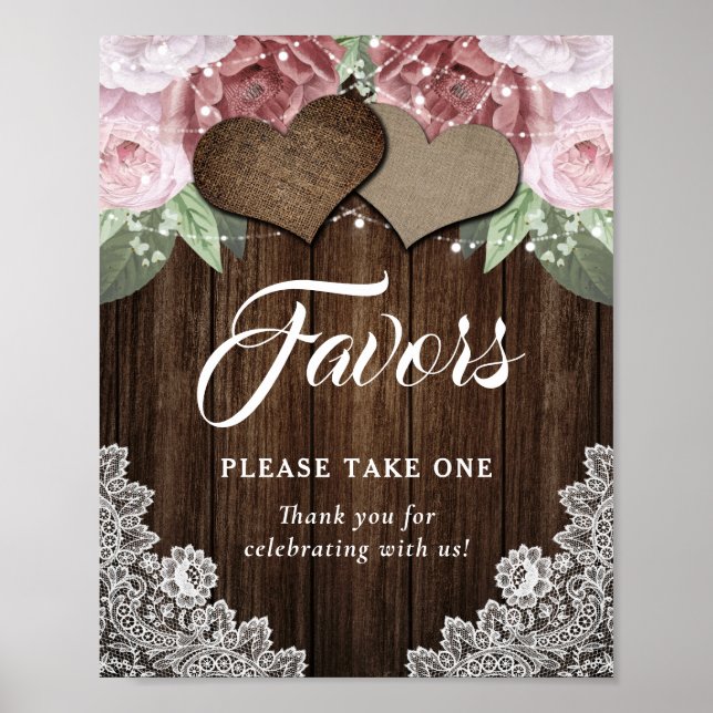 Rustic Wood Hearts Blush Pink Floral Wedding Favou Poster (Front)